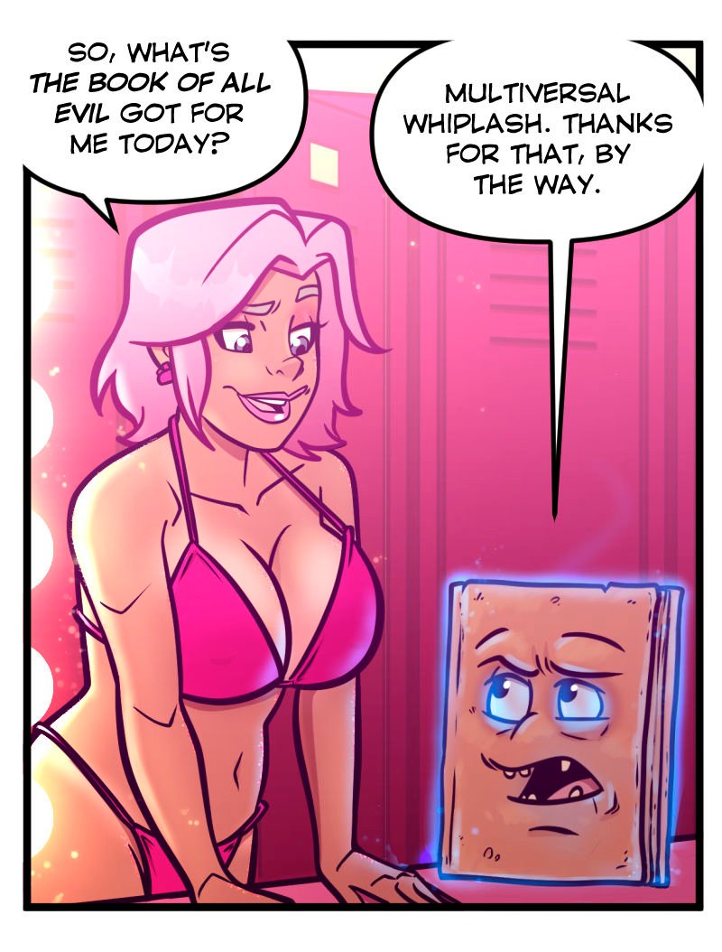 Comic strip panel from Club Pink Taco featuring Buffy, a pink-haired woman in a pink bikini, leaning on a counter in the dressing room. She smiles down at Morty, the talking Necronomicon with a glowing face, as they banter.