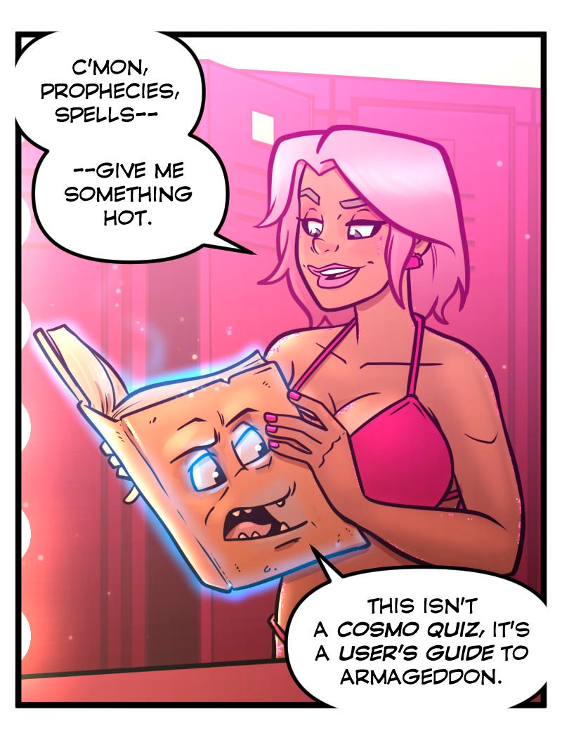 Buffy, in a pink bikini, holds the glowing Necronomicon open in her hands inside the Club Pink Taco dressing room. She reads with a playful grin while the magical book looks alarmed, its glowing blue eyes wide.