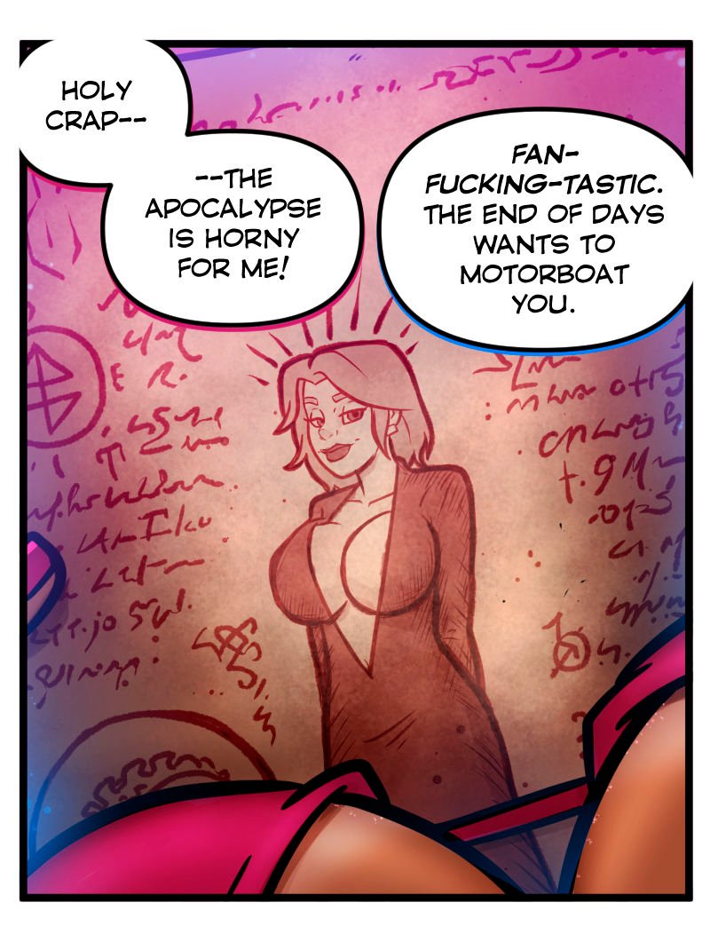 Comic strip panel from Club Pink Taco showing a close-up of the Necronomicon page covered in arcane writing and a sketch of Buffy in a plunging dress. Buffy's pink bikini cleavage fills the foreground along the bottom edge, framing the page.
