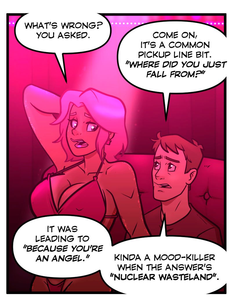 Comic strip scene inside Club Pink Taco with Buffy in a pink bikini looking exasperated, one arm raised as she explains herself. A nervous male patron sits below her on a couch, both lit by the club&rsquo;s pink neon glow.