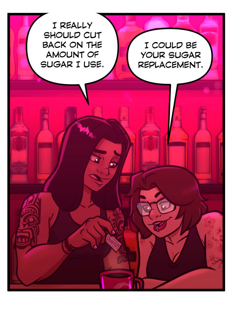 Comic strip panel from Club Pink Taco showing Isa, the bartender with long black hair and arm tattoos, pouring sugar into a mug behind the bar. Beside her, Ivy, the server with glasses, short brown hair, and flower tattoos, leans on the counter with a playful grin.