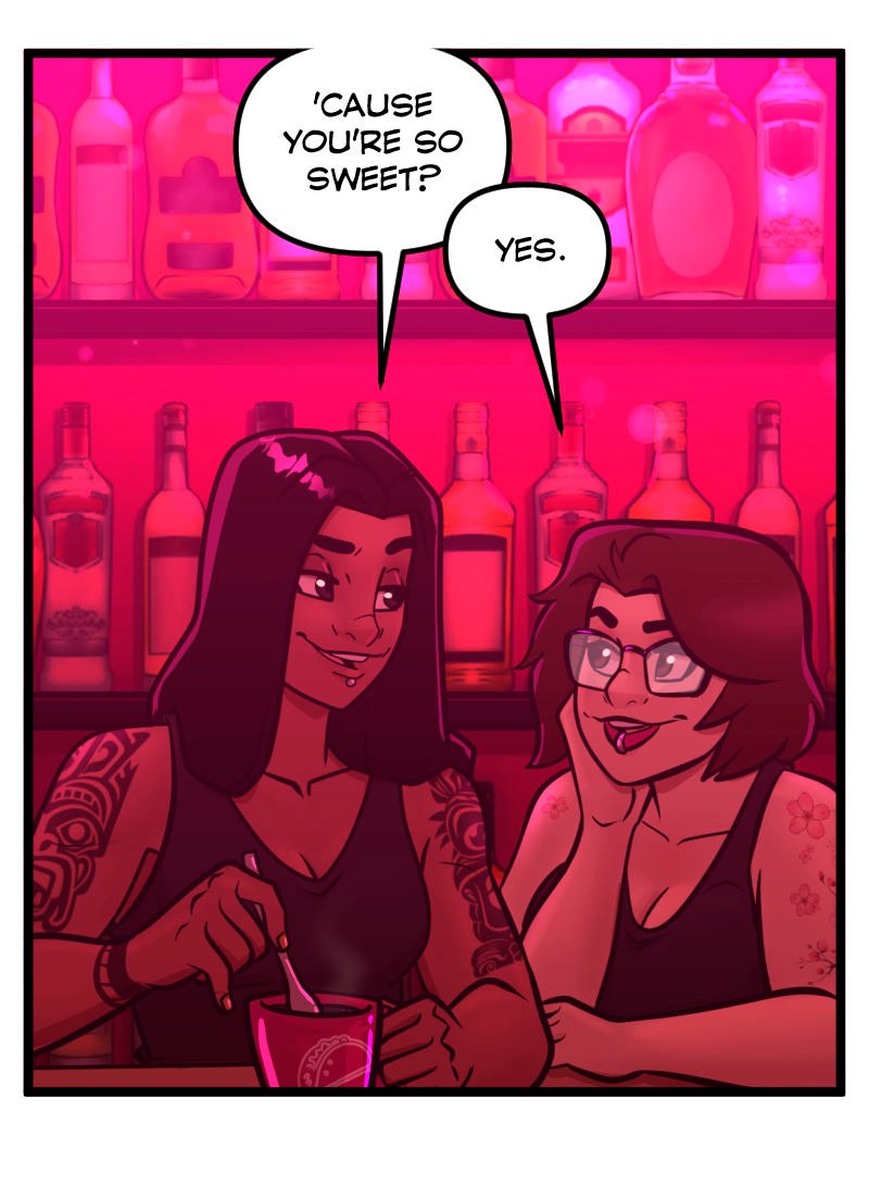 Isa stirs her coffee mug while smirking at Ivy, who gazes at her with adoration, chin resting in her hand. The two women sit together behind the neon-lit bar of Club Pink Taco, bottles lined up on the shelf behind them.