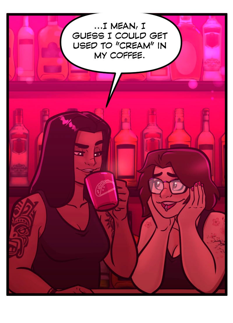 Isa lifts her mug of coffee with a sly smile while Ivy watches her with dreamy, blushing excitement. Both women sit close at the Club Pink Taco bar, bathed in pink neon light with bottles glowing in the background.