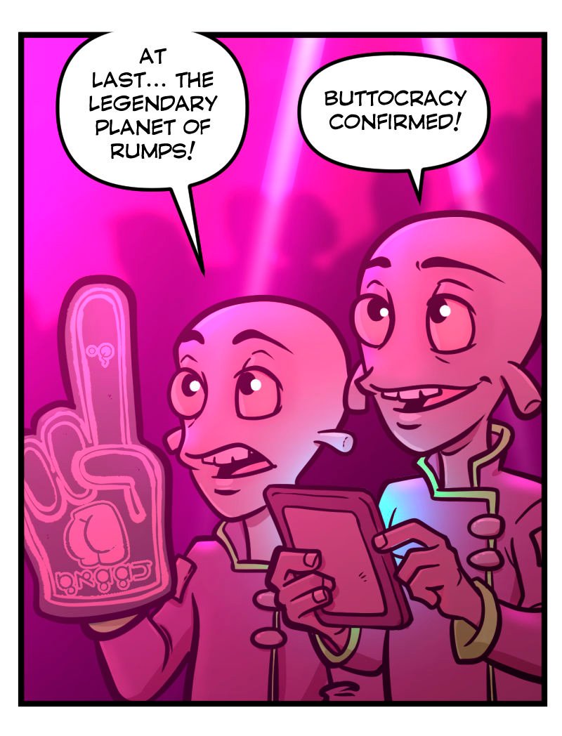 Comic strip panel from Club Pink Taco showing two aliens with smooth heads and matching uniforms, standing in the neon-lit club. One holds a glowing tablet while the other waves a foam finger decorated with a cartoon butt, both excitedly announcing their discovery.