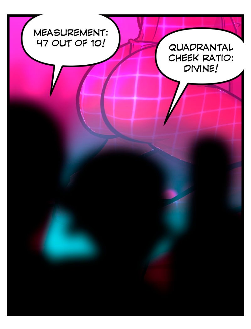 Juicy, a dancer at Club Pink Taco, shakes her butt in a thong under neon grid lighting. In the foreground, the two aliens from the first panel appear as black silhouettes, staring in awe at her performance.