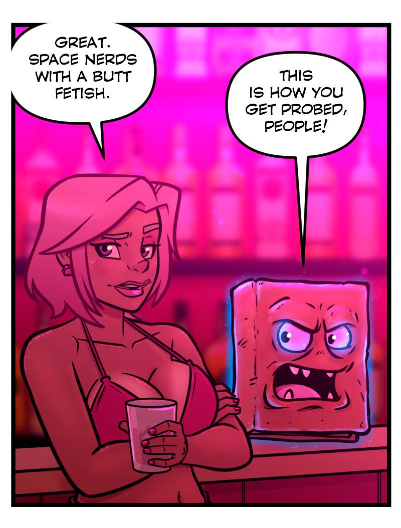 Buffy, the pink-haired dancer in a pink bikini, stands at the bar holding a drink with arms crossed, unimpressed. Beside her, Morty the Necronomicon glares with glowing eyes and an angry expression as they both comment on the aliens&rsquo; butt obsession.