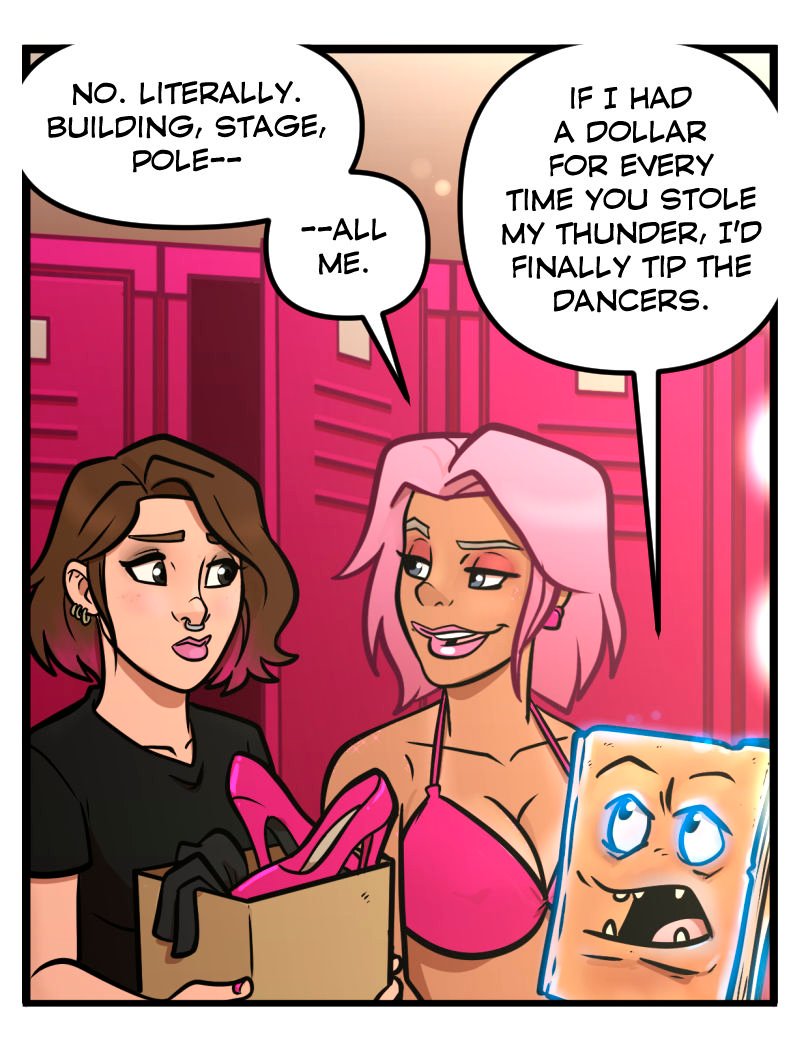 Simone carries her box of stage props while Buffy, in her pink bikini, grins and chats beside her. Morty the talking Necronomicon appears in the lower corner, glowing with irritation as he listens.