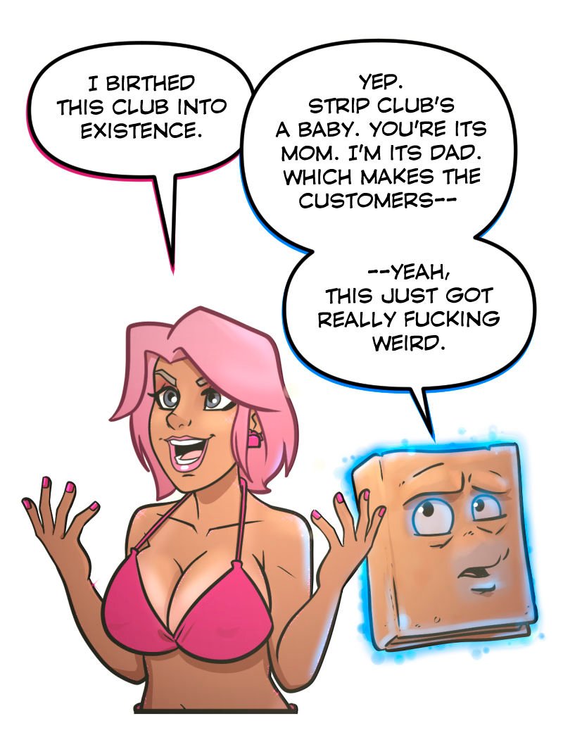 Buffy throws her hands up proudly in the dressing room, declaring her importance, while Morty the Necronomicon floats beside her with a skeptical expression. Buffy is front and center in her pink bikini, full of confidence.