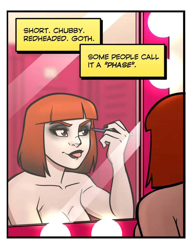 Comic strip panel from Club Pink Taco showing Morrigan, the goth redhead dancer with short blunt-cut hair and pale skin, applying eyeliner in front of a lit dressing room mirror. Caption boxes describe her appearance as “short, chubby, redheaded, goth.”