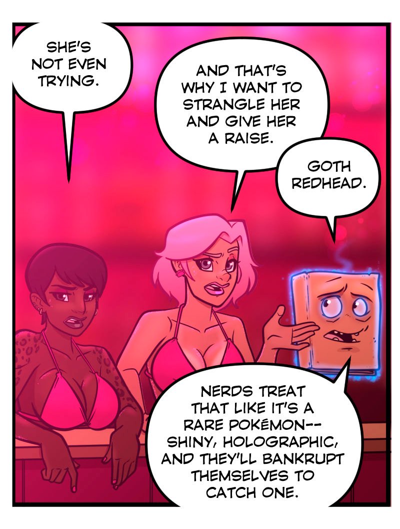 At the bar inside Club Pink Taco, Juicy and Buffy watch Morrigan’s effortless success on stage. Morty the Necronomicon floats beside them, commenting with glowing blue eyes, while neon lighting glows in the background.