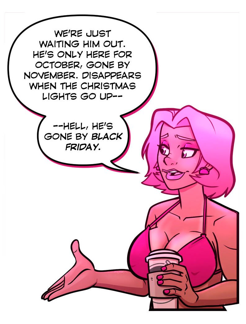 Buffy, a pink-haired dancer in a bikini top, holds a coffee cup while explaining the jack-o-lantern only shows up in October and disappears by Black Friday.