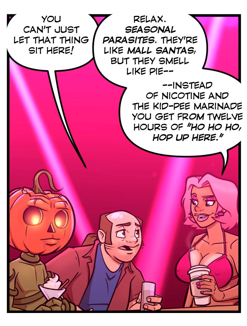 At the bar, Buffy compares the pumpkin to mall Santas. The jack-o-lantern glares while the patron looks uneasy.
