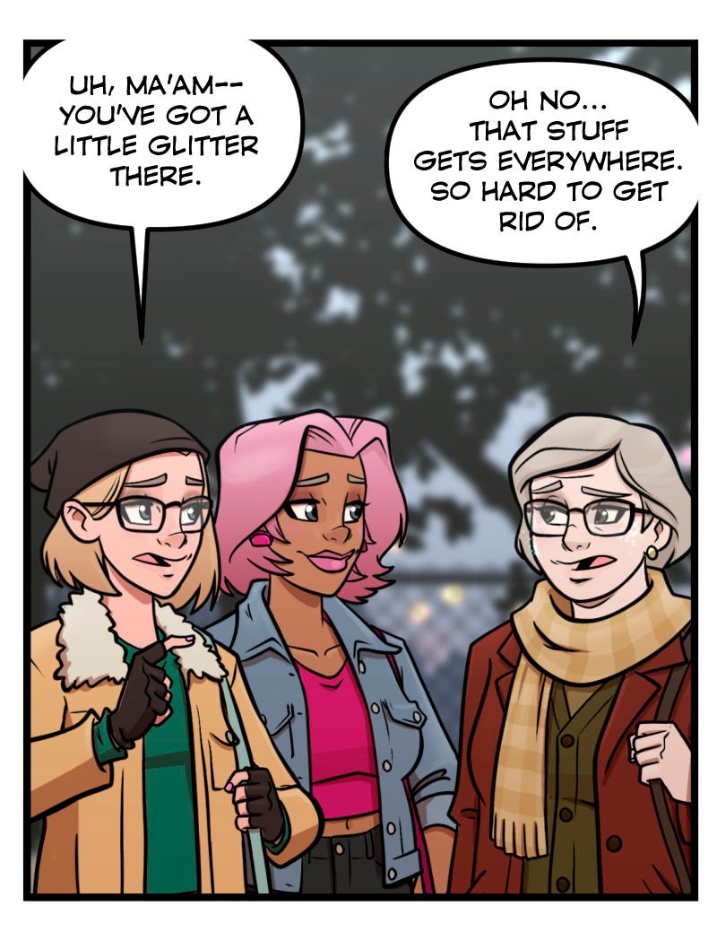 Comic strip panel from Club Pink Taco showing Trudy, Buffy, and an older woman standing together outside. Trudy points out glitter on the woman&rsquo;s face while Buffy smiles knowingly.