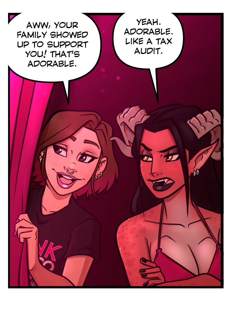 Comic strip panel from Club Pink Taco showing Simone, the stage kitten with short brown hair and a septum piercing, peeking through the backstage curtain with a grin. Beside her is Lilith, a demon dancer with red skin, horns, fangs, and long black hair in a pink bikini, arms crossed and looking irritated.