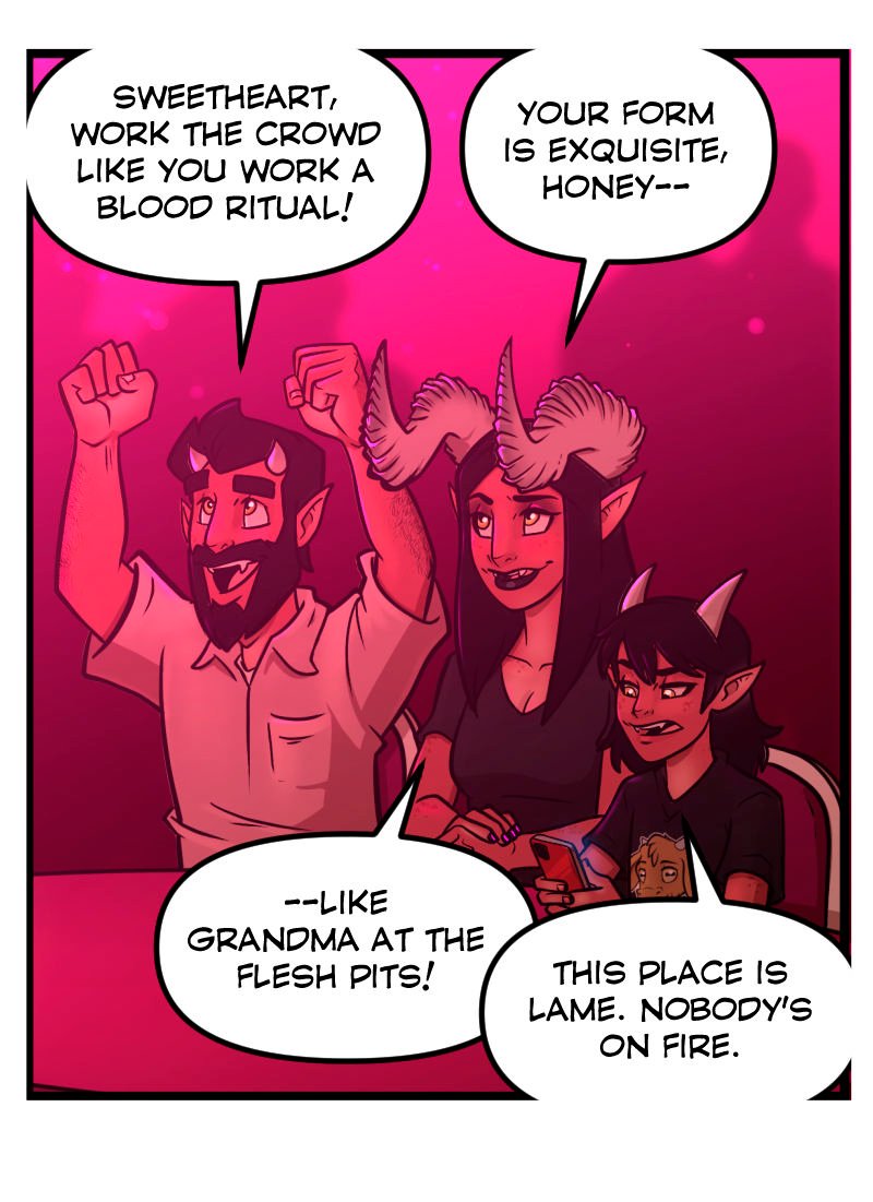 In the audience at Club Pink Taco, Lilith&rsquo;s family cheers her on &mdash; a bearded father with small horns, a horned mother with long black hair, and a disinterested teenage sibling scrolling on their phone. Neon pink lighting fills the club as they shout encouragements.