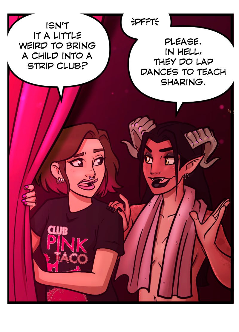 Backstage at Club Pink Taco, Simone holds the curtain with a nervous expression while Lilith, now with a towel draped around her shoulders, smirks and gestures as she explains her family&rsquo;s hellish customs.