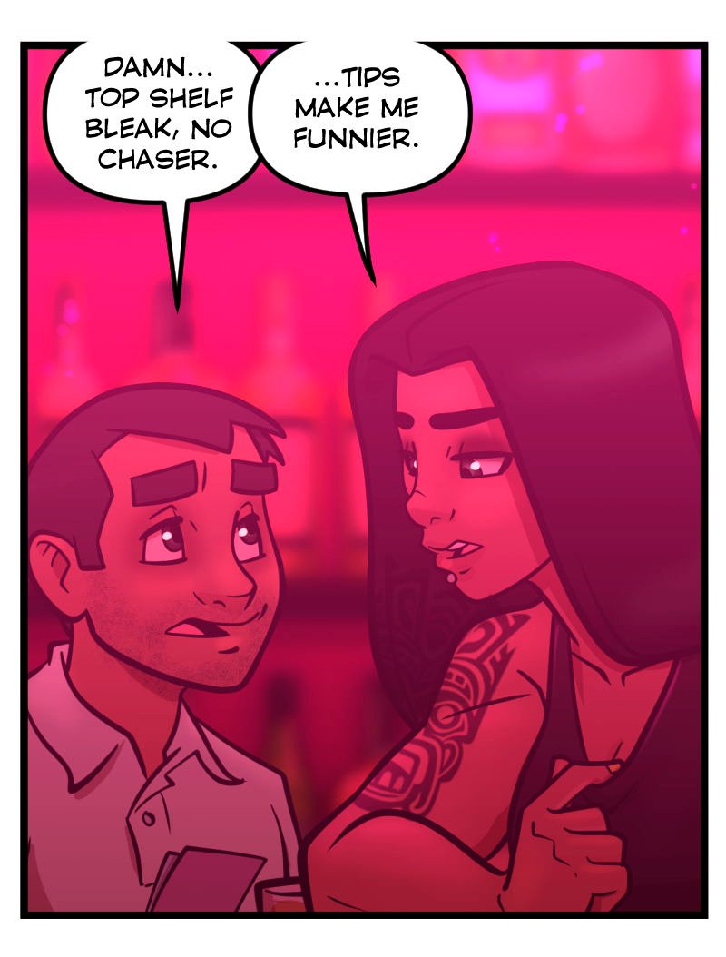 Comic strip panel from Club Pink Taco showing Isa, the bartender with long black hair and sleeve tattoos, leaning forward at the bar. She hooks a finger into her shirt strap and gives the patron a sly, flirtatious look, clearly implying she’ll turn up the charm– especially with her eyes– if he tips her. Neon lights and liquor bottles glow in the background.