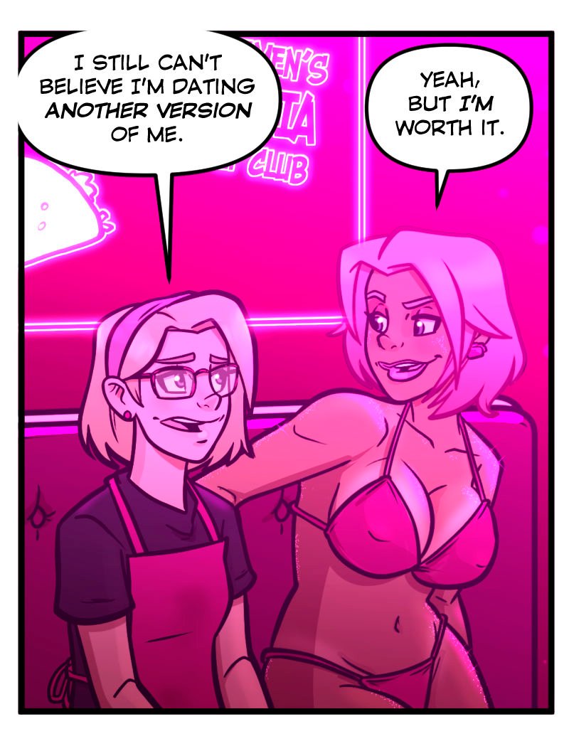 Comic strip panel from Club Pink Taco showing Trudy, a pale blonde in glasses and a work apron, sitting beside Buffy, a pink-haired woman in a pink bikini. They sit in the neon-lit club booth, with Buffy leaning close and smiling confidently while Trudy looks surprised.