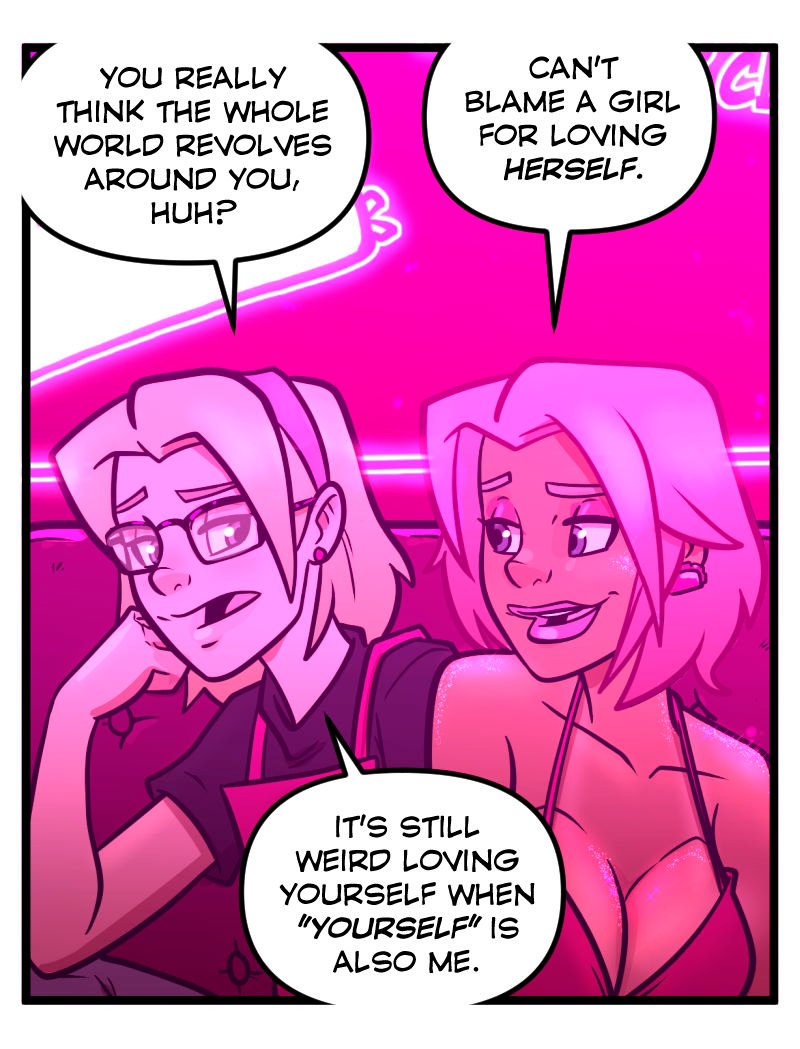 Trudy, wearing her glasses and red apron, leans on her hand and looks skeptical while Buffy grins beside her in a pink bikini. Both sit together under the glowing neon lights of Club Pink Taco&rsquo;s interior.