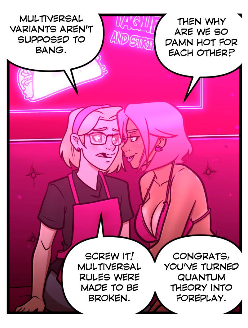 Buffy leans in close to Trudy in the neon booth of Club Pink Taco, smirking playfully as their faces nearly touch. Trudy, in her glasses and apron, blushes nervously while Buffy&rsquo;s cleavage is prominent in the foreground.
