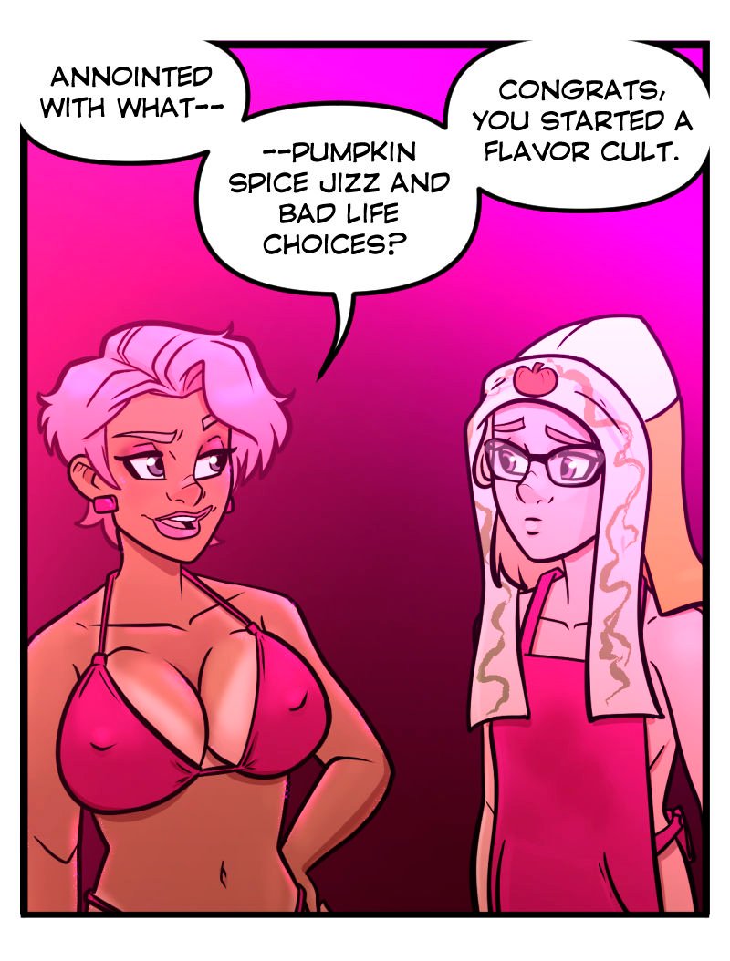 Buffy raises an eyebrow and asks, &ldquo;Anointed with what&mdash;? Pumpkin spice jizz and bad life choices?&rdquo; Buffy deadpans, &ldquo;Congrats, you started a flavor cult.&rdquo; Both are lit by the club&rsquo;s pink stage lights.
