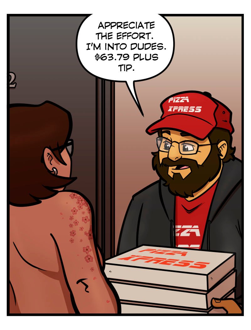 At the apartment doorway, Ivy is seen nude from behind the shoulders, facing a pizza delivery driver holding stacked Pizza Xpress boxes. The delivery driver, wearing a red cap and glasses, tells her, &ldquo;Appreciate the effort. I&rsquo;m into dudes. $63.79 plus tip.&rdquo;