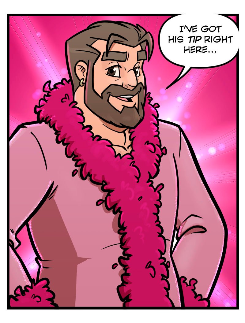 Bear, the club&rsquo;s burly security guard, stands confidently inside the same pink-decorated apartment, wearing one of Buffy&rsquo;s fluffy pink robes with a matching feather boa. He grins playfully and says, &ldquo;I&rsquo;ve got his tip right here&hellip;&rdquo;