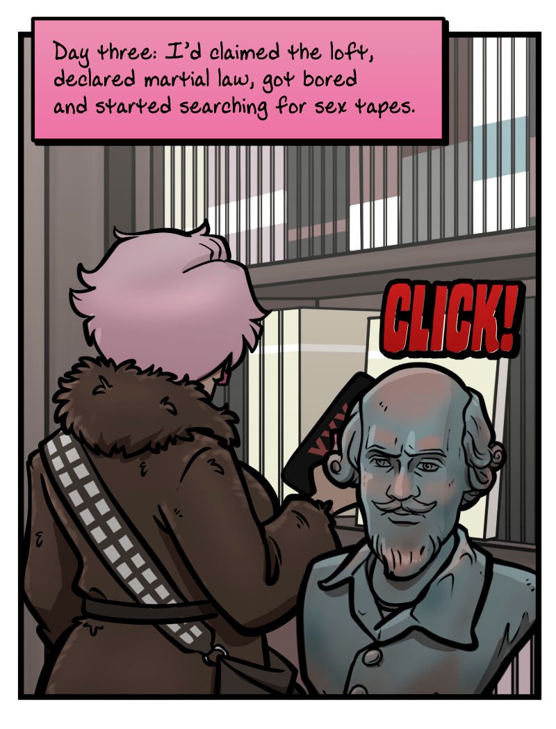 Comic panel of Buffy from Club Pink Taco inside the Zombie Roomie loft&rsquo;s book-filled study. She wears a furry Chewbacca robe and rummages through a tall bookshelf looking for sex tapes. A bust of William Shakespeare sits on a nearby shelf as a hidden mechanism clicks.