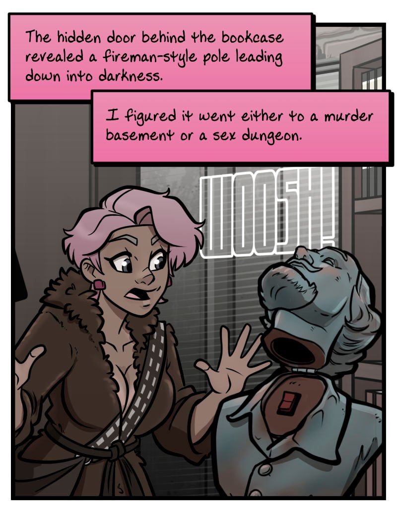 Buffy, wearing an oversized Chewbacca robe, jumps back in the Zombie Roomie loft study as a tall bookcase whooshes open like a secret door. The mechanism was triggered by the William Shakespeare bust&rsquo;s hidden switch, revealing a fireman-style stripper pole descending into the hidden Zombie-man Cave below.