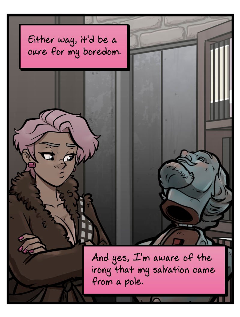 Buffy stands in the Zombie Roomie loft study wearing the oversized Chewbacca robe, looking unimpressed at the open secret passage and exposed firepole. The hollow Shakespeare bust lies open beside her. Caption notes the irony that her salvation came from a pole.
