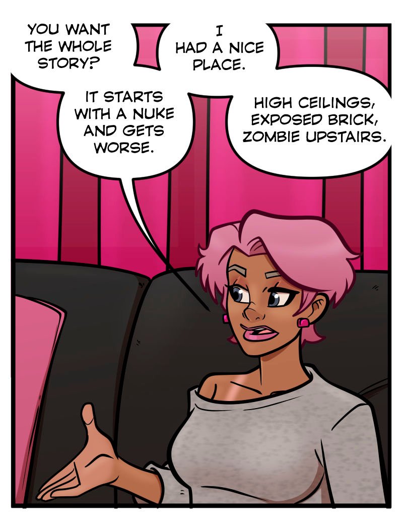 Comic panel of Buffy on her sofa explaining her origin story. She describes surviving a nuclear event, living in a loft with exposed brick and a zombie upstairs, and the pink drapes of her current apartment form the background.