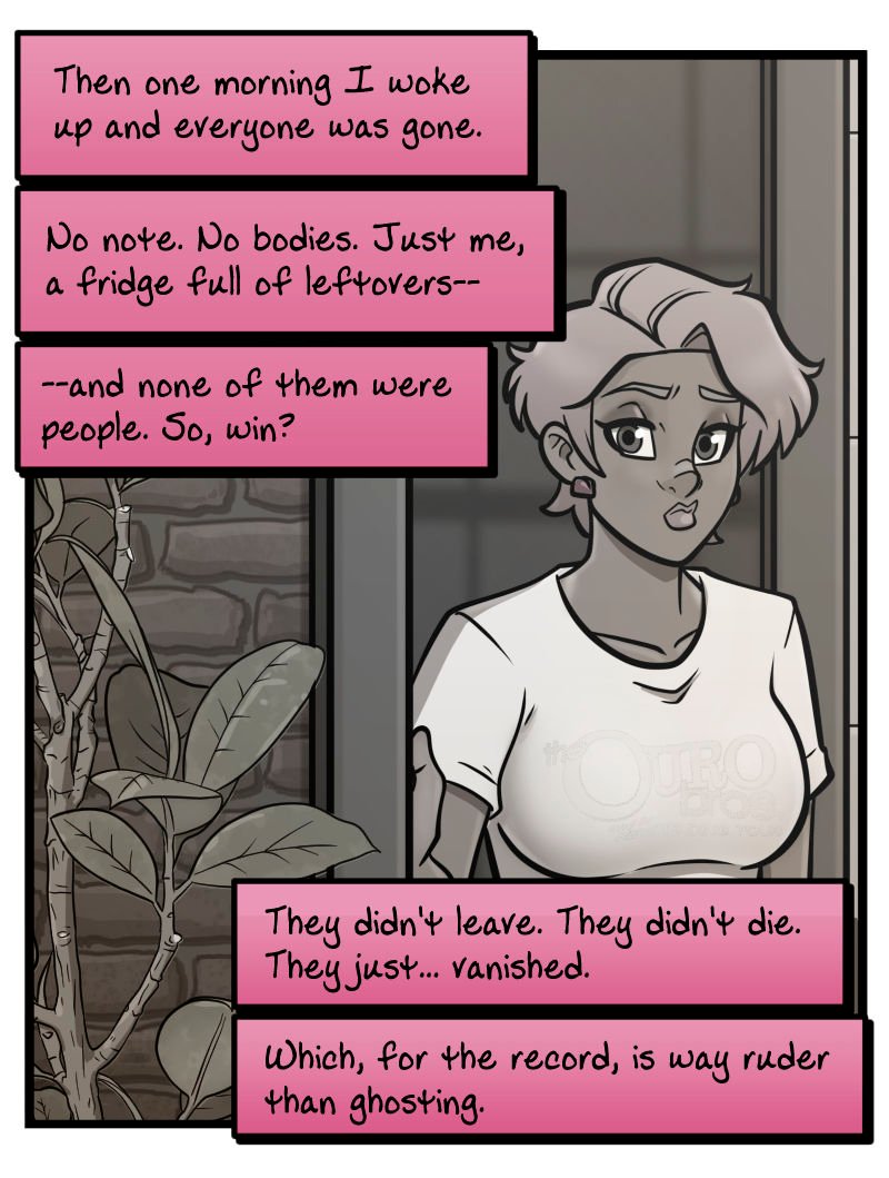 Flashback comic panel set in the Zombie Roomie legacy timeline. Buffy enters the main cast&rsquo;s loft apartment, the background in grayscale with exposed brick and plants. Internal narration describes everyone vanishing, leaving her alone with leftovers.&rdquo;
